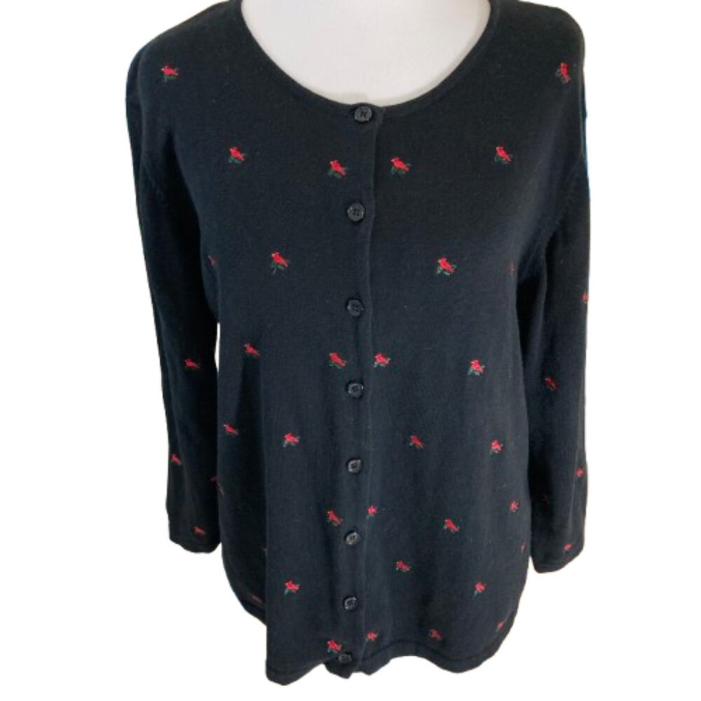 Baxter & Wells Cardigan Black Charming Appliqued Red Birds 3/4 Sleeve size Large